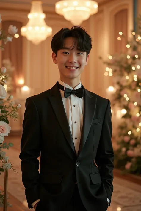 Korean boy who look like woo ji-ho but with super cute face pale skin and adult face but cute with tuxedo suit black