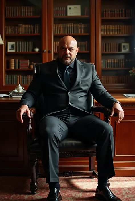 Image of man, white tea, sucked, chichón, strong and big, with black suit, sitting in front of a desk 