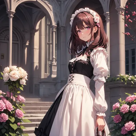 Girl, short, chubby, clear skin, magenta eyes that are almond-shaped, short light brown hair, black and crimson Victorian dress, shy, picking white roses in the courtyard of a dark castle