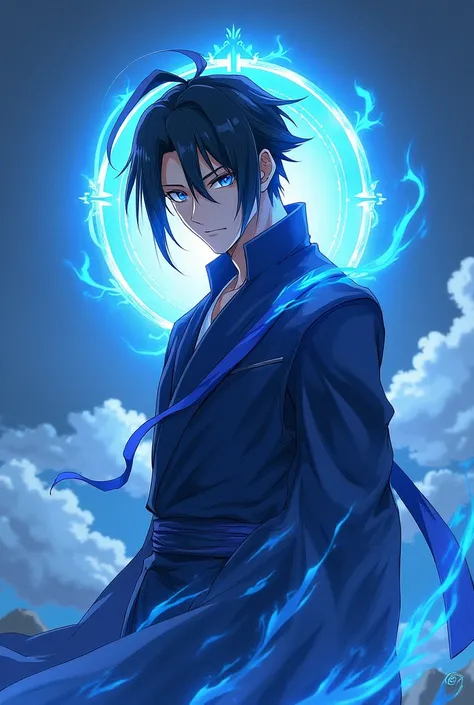 Create a character, MASCULINE with warrior style JAPANESE ANIME STYLE, black hair with a cobalt blue strand in a single hair, COBALT blue eyes and a cobalt blue aura emanating from his body. Make it like a web novel cover with the name: (The Eminent Divine...