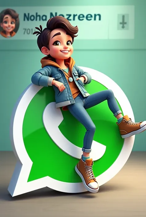 - " Create a 3D illustration of an animated character sitting casually on top of social media logo " Whatsapp". The character must wear causal modern clothing such as Jeans jacket sneakers shoes. The background of the image is a social media profile page w...