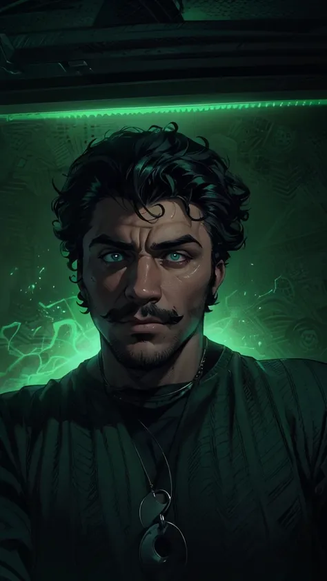 "A 19 year old young man, with curly hair, wears a green shirt that contrasts with his intense and enigmatic gaze. He sports a thin mustache and a small beard on his chin., that add an air of mystery to your look. Ao fundo, a neon green light emanates a da...