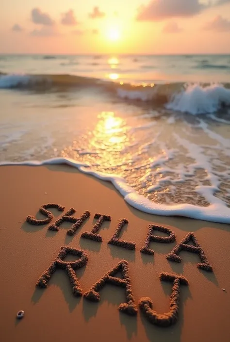 The names SHILPA and RAJ written on the sand.