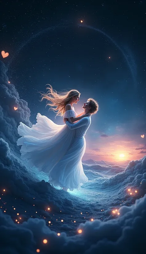 Create a dreamy and emotional 3D illustration that reflects a profound and eternal love transcending time and space. The scene centers around two figures, glowing softly, as they dance together in the vastness of a starry night sky, representing a love tha...