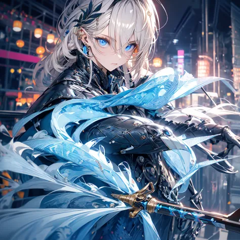 Ciel is a striking young woman with a fierce and commanding presence. Her hair is a sharp, platinum blonde, styled in a way that emphasizes its edgy, untamed nature. She often wears it in a messy, tousled look or a high, rebellious ponytail. Her piercing, ...