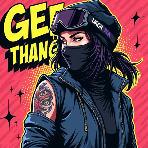 Asian Girl Rapper, face_tattoos, side view, action, cartoon, Album cover, "GEE THANG", Letters say GEE THANG, Album Cover, dark, Ski_Mask, sturmhaube, comic style, gangster, tech wear outfit, dynamic