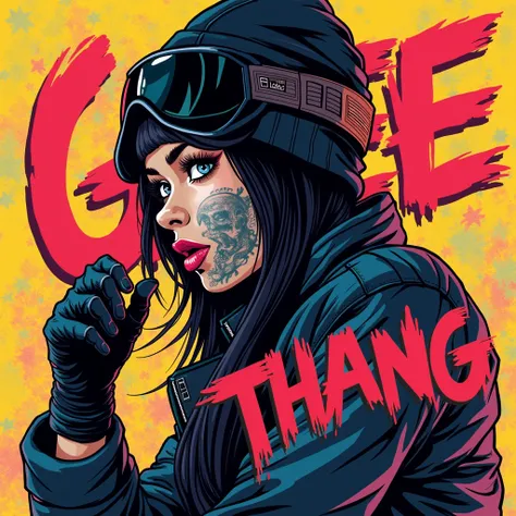 Asian Girl Rapper, face_tattoos, side view, action, cartoon, Album cover, "GEE THANG", Letters say GEE THANG, Album Cover, dark, Ski_Mask, sturmhaube, comic style, gangster, tech wear outfit, dynamic