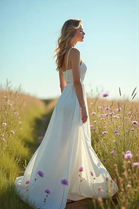 Long white flowy dress,with minimalist purple flower prints