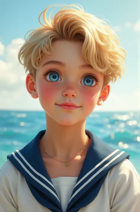 portrait art of a young man with blond hair, pink lips, round face and blue eyes in sailor outfit 