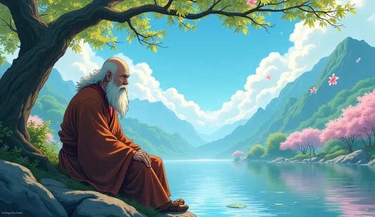 Old monk master sitting with his young monk master beside riverbank and student monk asking to monk master, trees, beautiful scenario, in anime style,