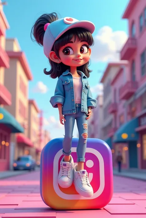 - " Create a 3D illustration of an animated character standing casually on top of social media logo "Instagram". The girl character must wear causal modern clothing such as Jeans jacket sneakers shoes. The background of the image is a social media profile ...