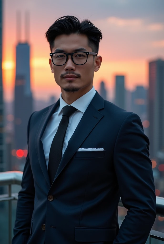 Ruggedly handsome young Asian man, looks like an asian henry cavill,in his late 20s ,strong built, dark  hair , hazel brown eyes, dressed in suit, wears glasses and is the ceo of an investment company . He has a sturn look ok his face