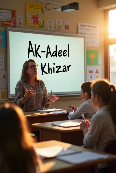 Teacher is teaching the topic "AK-Adeel Khizar" and this topic title written on white board with board marker