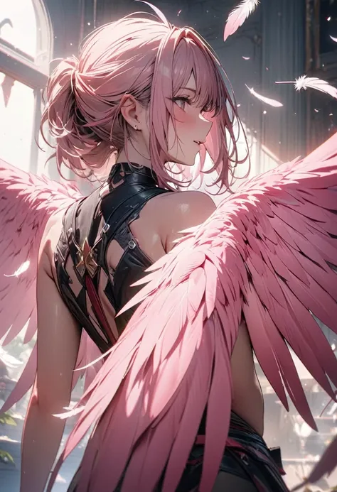 masterpiece, 8k, best quality, highly detailed, a human female with large pink hawk wings on her back with some of the feathers are white