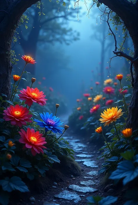 magical but dark background, with flowers of different colors and a vibe of enchanting but dark