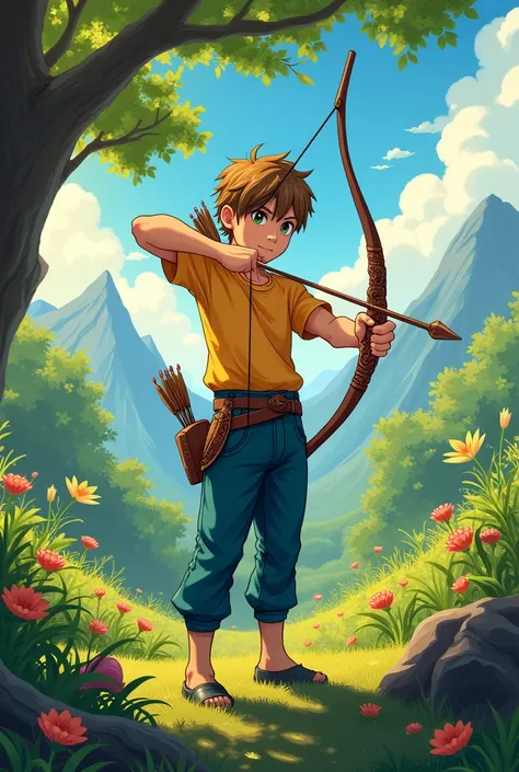 Create an anime character, man with a yellow shirt and blue pants, with a bow and arrow