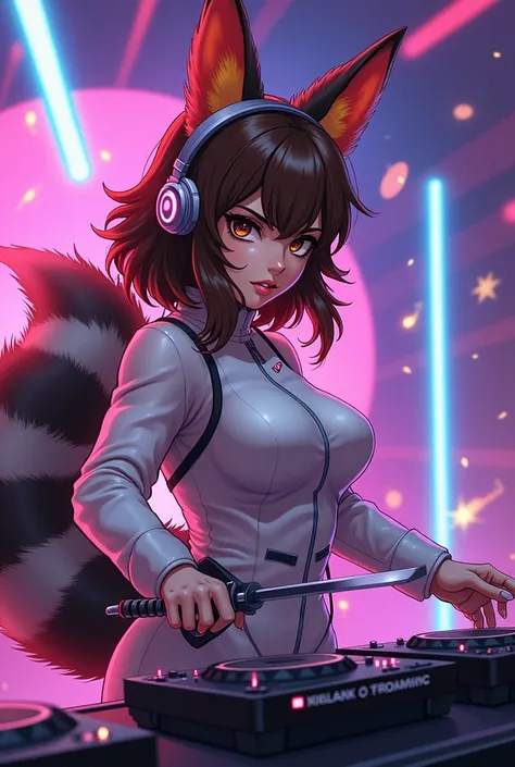 You are going to do the anime-style cartoon of a woman, Light brown skin, medium brown wavy hair, dark brown eyes, Your clothing is a fighting suit, with orange fox ears, gray fluffy Lemur tail on a DJ console with headphones and holding a fencing sword in...