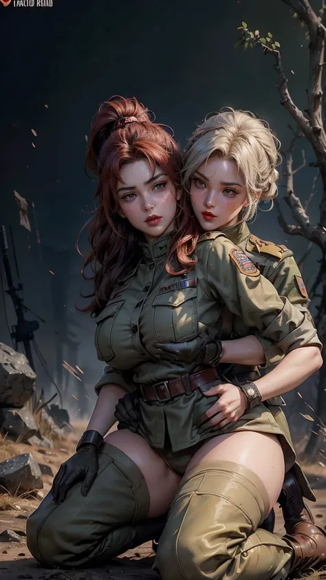 ((2 women)) perfect pink eyes, fantastic face, Indian, beautiful look, ((red lips, bright eyes, curve heir 1.5)), ((beautiful details , soldier outfit, soldier uniform)), ( round shaggy breasts and ultra detailed, n), A glorious gorgeous, glorious gorgeous...