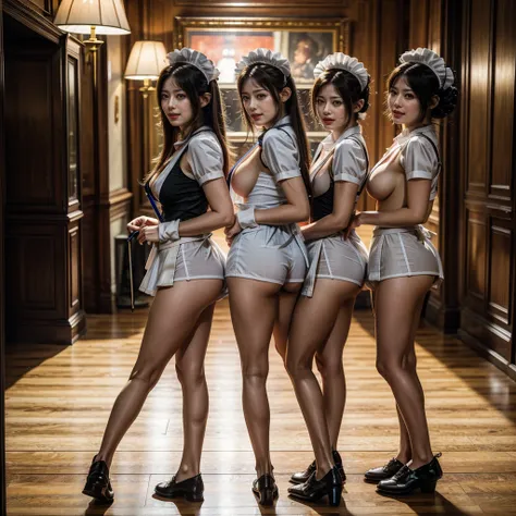 (Full Body of Extremely Detailed((Sexy Maid Group in a row:1.37))), KAWAII perfect face, Reflective Eyes, Detailed(Delicate Clothing textures), Correct Leg Line, Dynamic Joyful Expressions LifeLike Rendering, Specular Reflection, TopQuality 8K Ultra-detail...