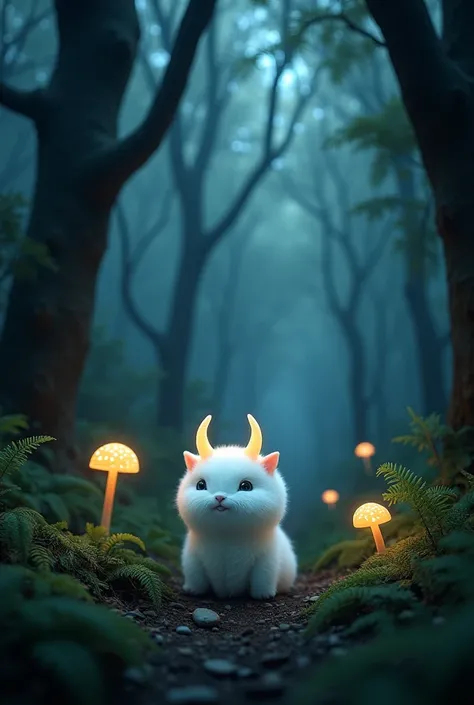 An animation of a dark forest, with a small creature, very small, White color, hairy and round, shining and with little horns on her head standing in the middle of the forest, as a title will carry "The Boopies&#39; Forest
