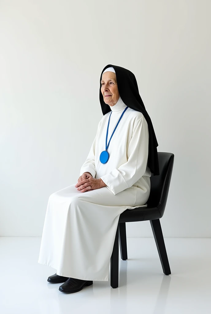 A image with white background of a old nun sitted on a black chair. She dress a white habit, a blue escapulary and a black veil