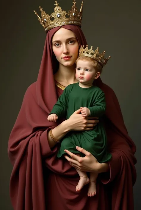 The Virgin Mary, a 40-year-old woman, wearing a maroon tunic and a crown on her head, carrying a child dressed in a green tunic with a crown on his head., that they are looking straight ahead so that their feet can be seen, no image background