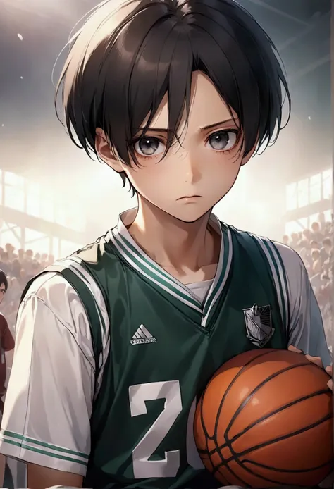 
Create a detailed image of Levi Ackerman from Attack on Titan, a handsome, cute young boy with dark gray eyes and black circles underneath, a youthful face, looking sullen or expressionless, with sleek, black hair in a basketball uniform. 