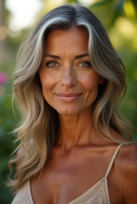 Mature woman with exotic features, wearing little makeup, green almond-shaped eyes, hair with some gray streaks, tanned skin, medium-sized lips. 