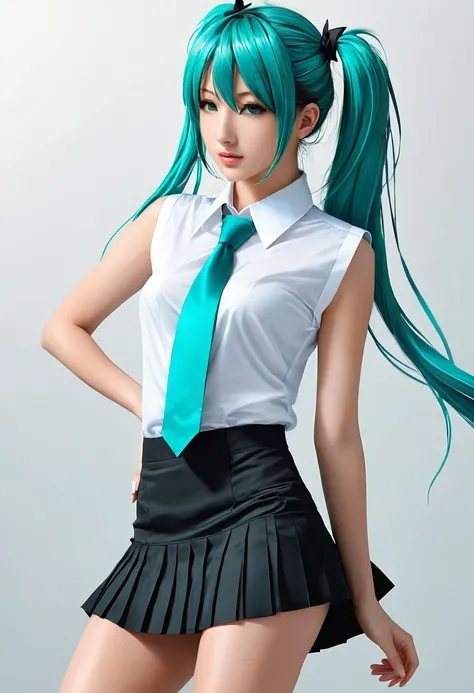 Miku Hatsune,  , flawless appearance, flawless anatomy, masterpiece, luxury art, glamorous art, glamour, beauty style, White sleeveless shirt with collar, school uniform style,  black mini skirt with folds, turquoise tie,  full length, Mikulski Hatsune clo...