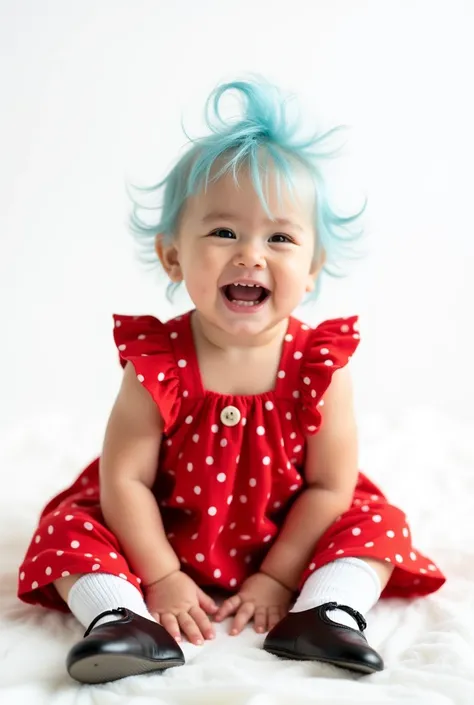 One-year-old baby with light blue hair wearing a red dress with white polka dots, white socks, and black doll shoes, against a white background.