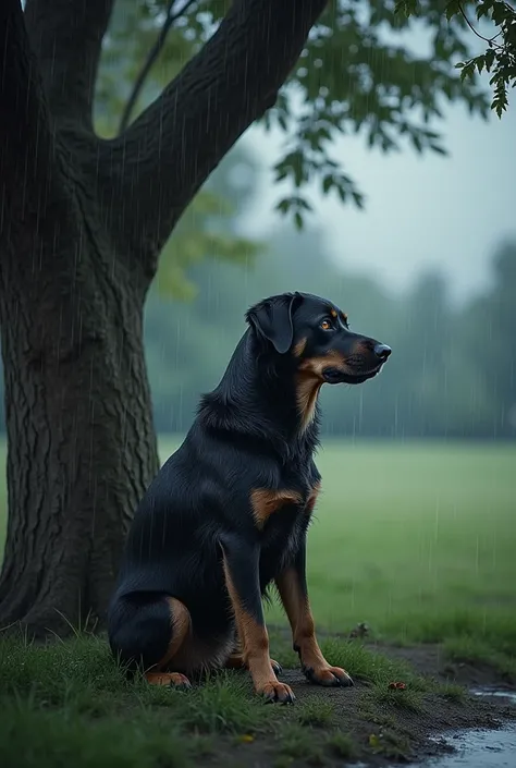 Sad dog in the heavy rain 