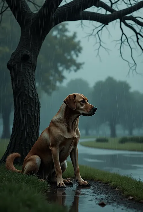 Sad dog in the heavy rain 