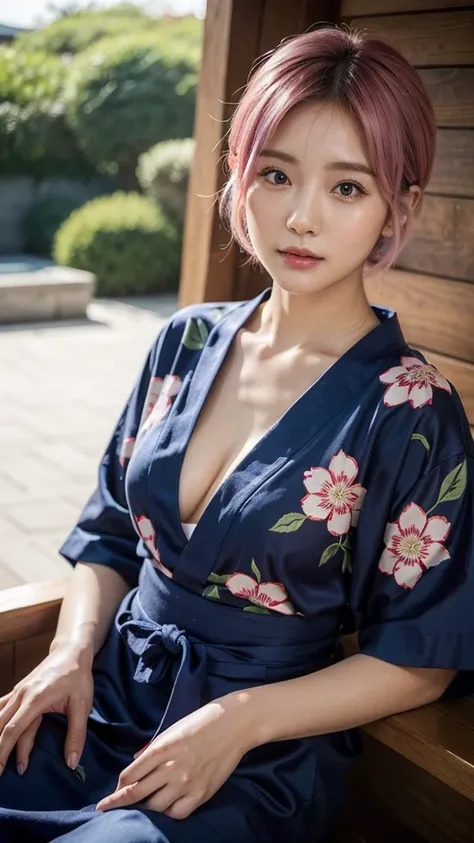 Model actress、One Woman、cool、Japanese and half European、Close-up of face、30 generation beauty、Realistic Skin、A beautiful navy blue yukata、4K images、bright pink hair、Short Hair