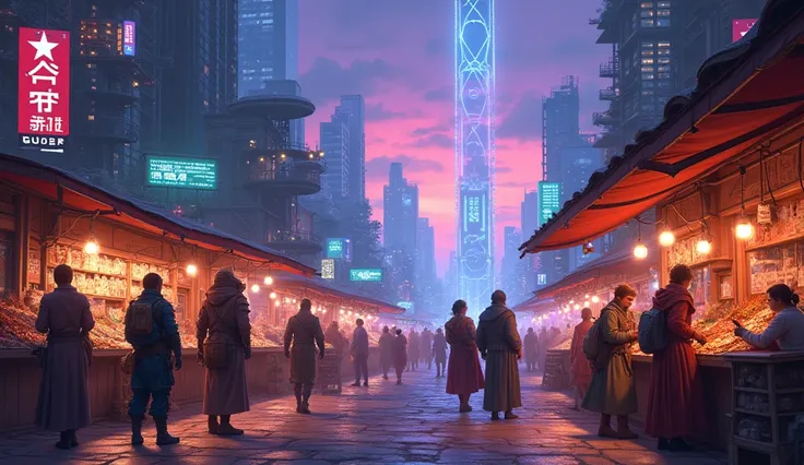 illustration, fantasy world, Sci-if World, Adventurers and Villagers, center of futuristic city, landscape. background with market, hotel, street. twilight