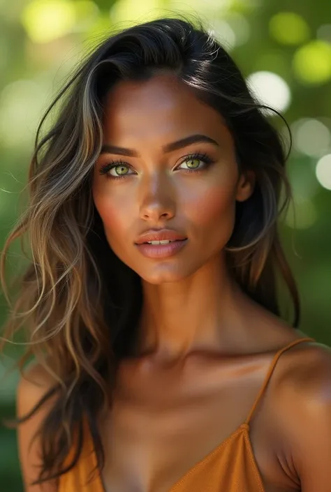 Woman with exotic features, wearing minimal makeup, green almond-shaped eyes, hair with some gray, tanned skin, medium-sized lips, younger, darker hair color 