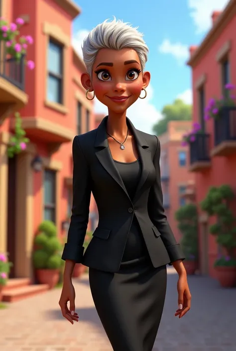 Create a 79-year-old Black woman in the Disney Pixar style, with a masculine black hairstyle, brown eyes, few wrinkles on her face, wearing a black blazer over a black dress and medium-heeled shoes, slightly overweight. 