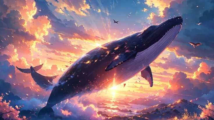 a whale flying , cloudy, dark, imaginative, mysterious clouds, only window light, whale, flying, full of cherry blossoms, (best ...