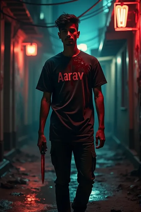 A dangerous young man gangster killing a person and he has full of blood on his body and holding a knife written aarav on his t shirt