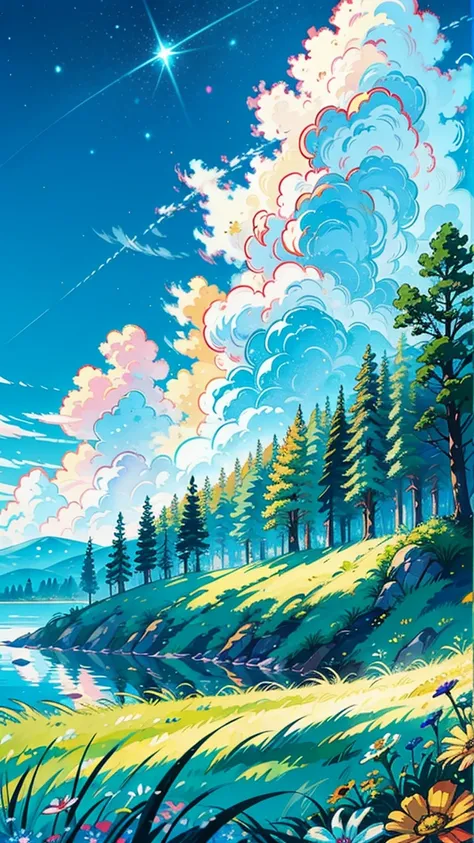 Viral anime nature wallpaper in 4K quality, in the style of Pixar 3D inspired by Toy Story, showcasing a lush meadow filled with colorful wildflowers, a clear blue sky with fluffy clouds, and a single majestic tree standing in the middle; bright and cheerf...