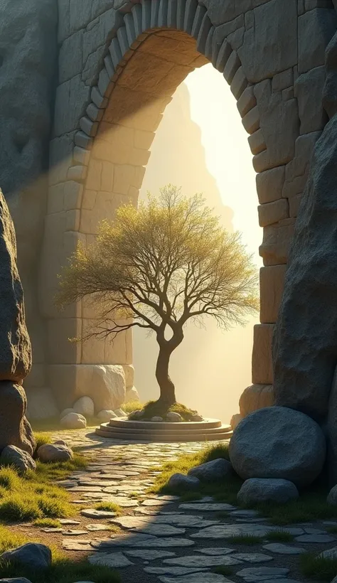 "Create a serene and reverent image of a nature-built entrance leading to a sturdy, sparsely-leafed tree, Set in a rocky environment. The scene should show a large entrance carved into the rock, with a rounded or arched entrance, covered by a large round s...