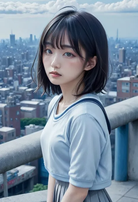 Surreal, masterpiece, highly detailed, sci-fi, dystopia, (beautiful eyes), (bangs), black hair, Japanese young beauty, detailed face, detailed skin, baggy clothes, high socks, skirt, pastel Light, underground scattering, ((skyline)), cumulonimbus clouds, b...