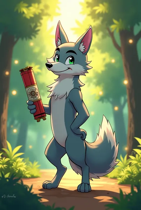 Make a chill wolf, thats holding dynamite, that belongs to a squad. anime style, that is standing holding dynamite.