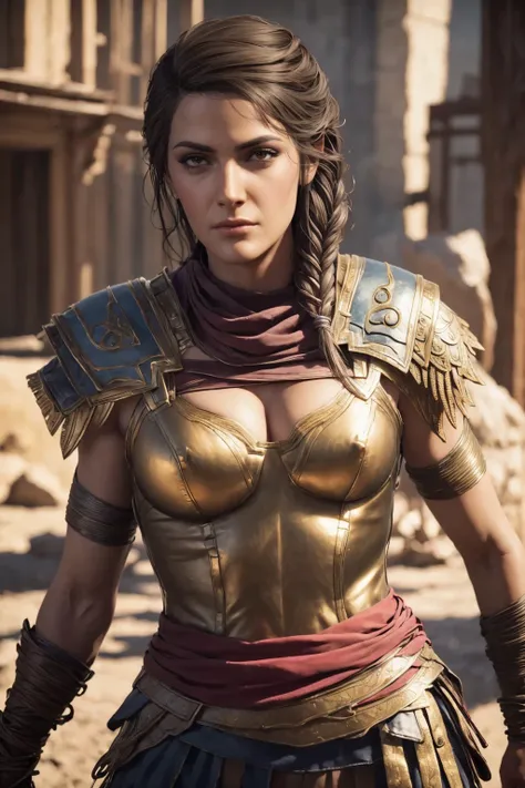 extremely detailed Kassandra Assassins Creed Universe,Detailed Lips, Detailed Eyes, detailed eyelashes, detailed face, textured skin, super detail lighting, ((full body shot,)) Detailed armour, 