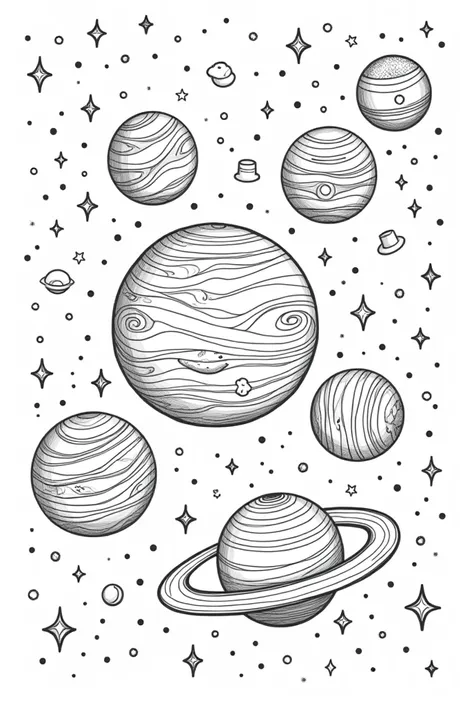 Black and white coloring page of the view of the planets of the solar system aligned 