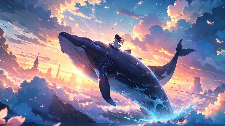 in a whimsical fantasy kingdom, a majestic and translucent whale soars through the sky, defying the laws of nature. its immense ...