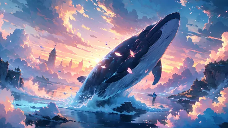 in a whimsical fantasy kingdom, a majestic and translucent whale soars through the sky, defying the laws of nature. its immense ...