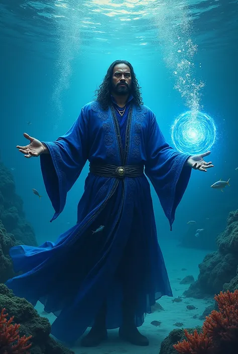 Draw me a wizard with black skin, clothes with blue details. I want him to be inside the water, controlling a blue orb full of energy in his hands. His eyes shining under the sea and a serious expression. 