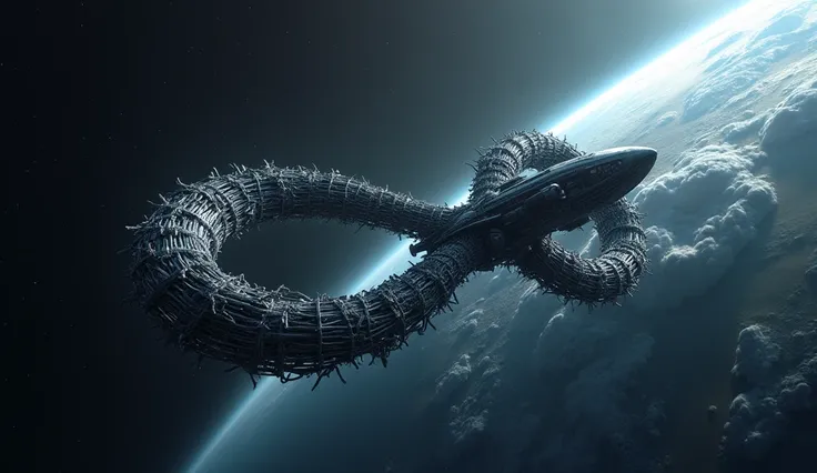 an alien space ship in the form of infinity, flying in the earths atmosphere, its whole body is rotating in a tangled way which make a shape of infinity  