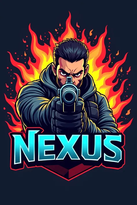 Uma logo de uma guilda do free fire, a cartoon man with a gun pointed at the screen, and written below "nexus"