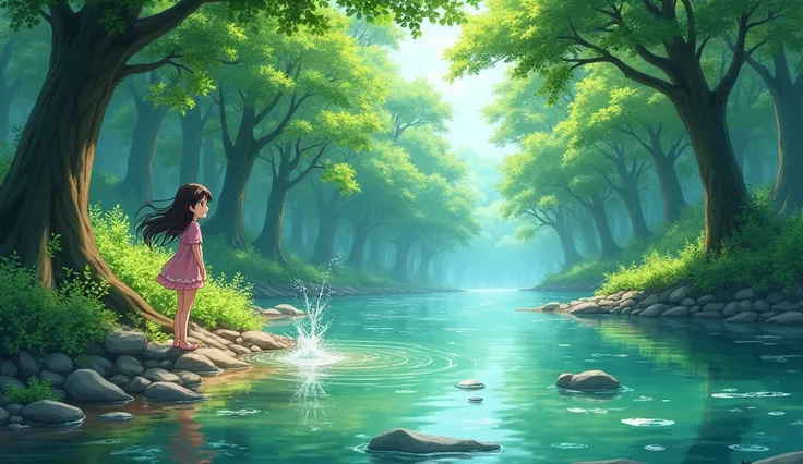 River, trees, beautiful scenario, stone thrown to river which creates splash, in anime style,